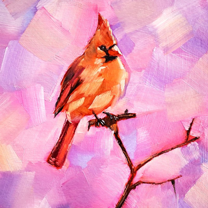 Red Cardinal Painting Bird Original Art Animal Oil Painting Cardinal Wall Art - 海報/掛畫/掛布 - 其他材質 多色