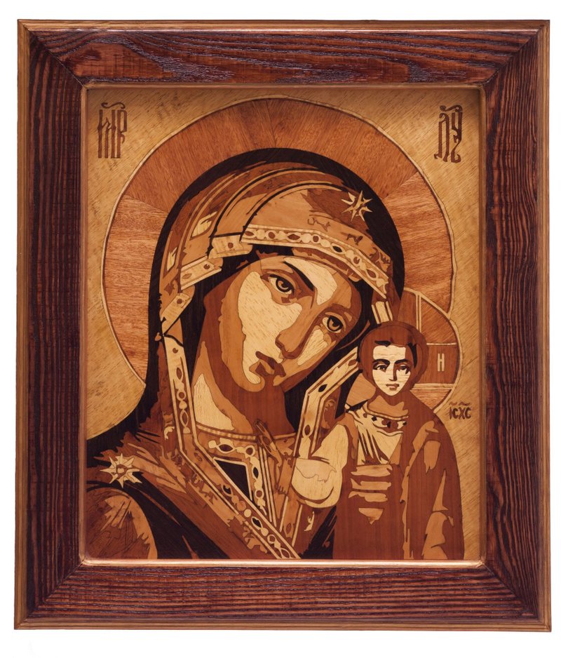 Mother Mary art Orthodox Byzantine Christian Wood Icon of the Virgin Mary - 壁貼/牆壁裝飾 - 木頭 橘色