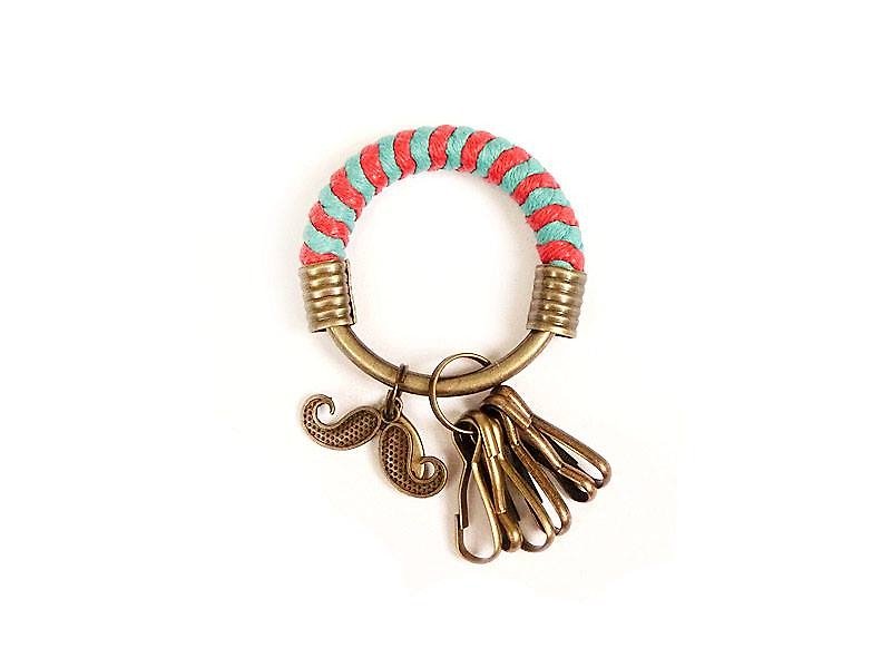 Key ring (small) 5.3CM red + lake green + Dali Alice beard handmade wax rope hoop customized - Keychains - Other Metals Multicolor
