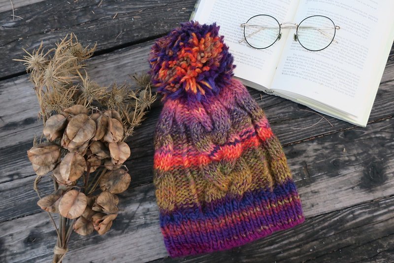 阿母の的手作帽-麻花編織毛球帽/紫色x大地漸層/ 新年禮物 - 帽子 - 羊毛 多色