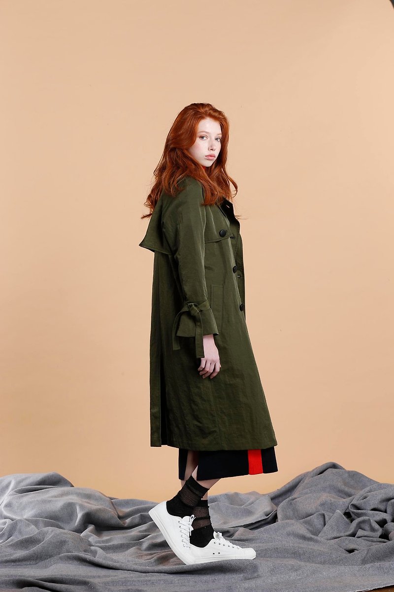 Waterproof double-breasted strap windbreaker / military green - Women's Blazers & Trench Coats - Other Man-Made Fibers Green