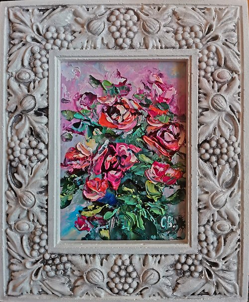 Original oil painting artist Svinar Oksana Roses Bouquet Flowers Oil Painting Impasto Original Framed Artist Svinar Oksana