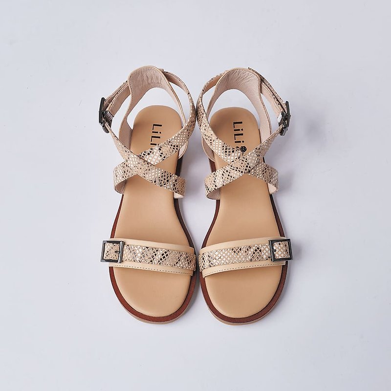 [Paris Time] Cowhide strappy sandals with crossed skinny feeling_snake pattern nude skin - Sandals - Genuine Leather Brown