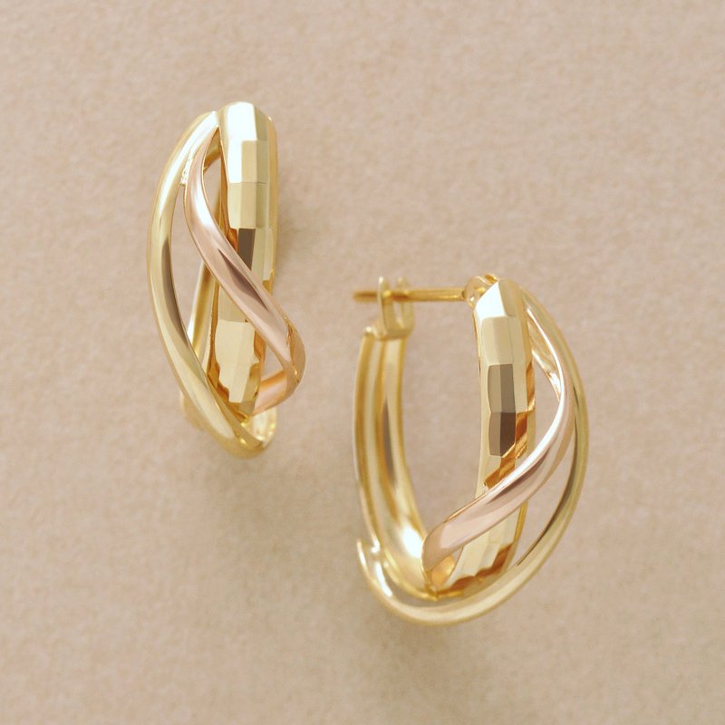 18K/10K Triple Line Hoop Earrings (Yellow Gold / Rose Gold) - ต่างหู - เครื่องประดับ 