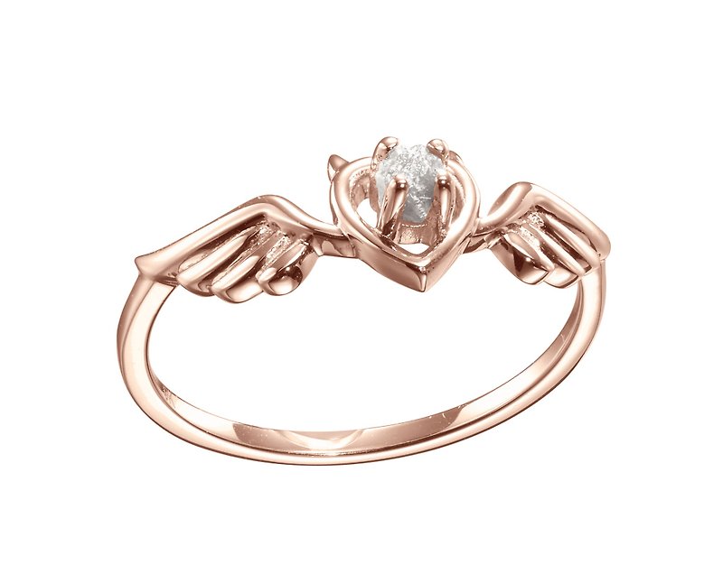 Angel Wing Ring, Heart Diamond Ring, 9K Rose Gold Raw Diamond Ring, Angel Heart