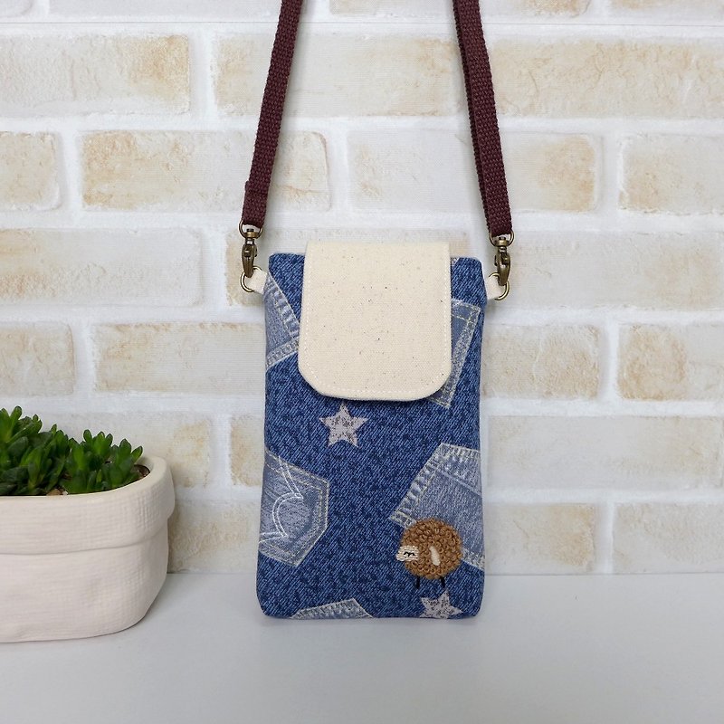 Embroidery sheep mobile phone bag - light blue jeans wind (with strap) - Phone Cases - Cotton & Hemp 