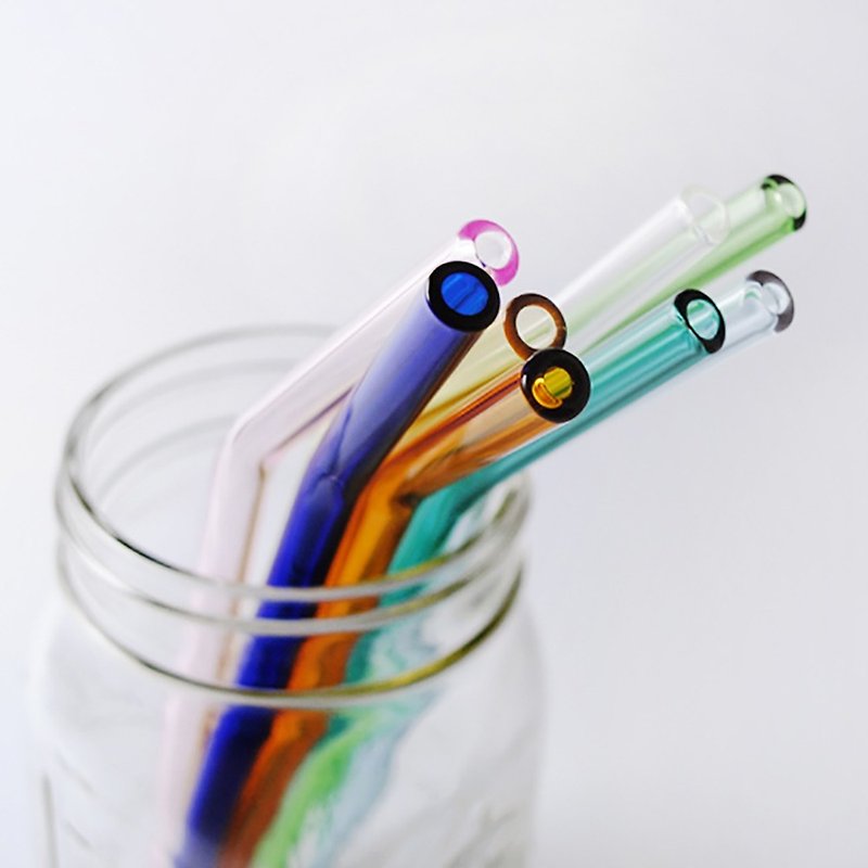 20cm (caliber 0.8cm) curved flat rainbow glass straw customized (with a cleaning brush) - Beverage Holders & Bags - Glass Multicolor