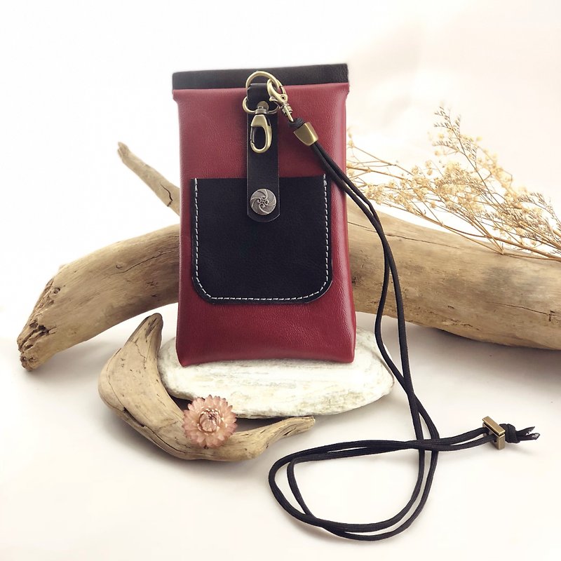 Splicing Shrapnel Multifunctional Mobile Phone Bag --- Mobile Phone Case / Headphone / Card / Easy Card / Glasses Bag / Storage / Passport / Slant Back Phone Bag / Hanging Neck Phone Bag - Phone Cases - Genuine Leather Red
