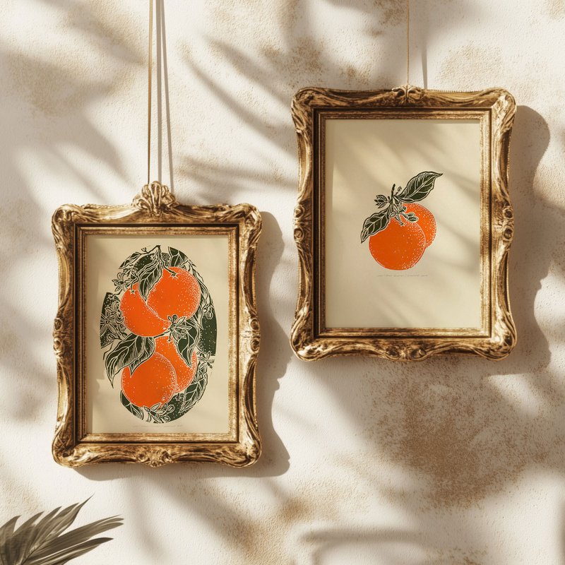 Vintage oranges fruits Linocut print Gallery wall set of 2 artwork decor art - 壁貼/牆壁裝飾 - 紙 綠色