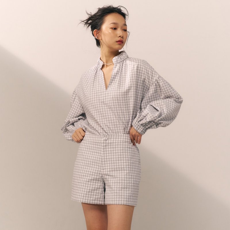 Mid Rise Shorts / Grey Check - กางเกงขาสั้น - ผ้าฝ้าย/ผ้าลินิน สีเทา