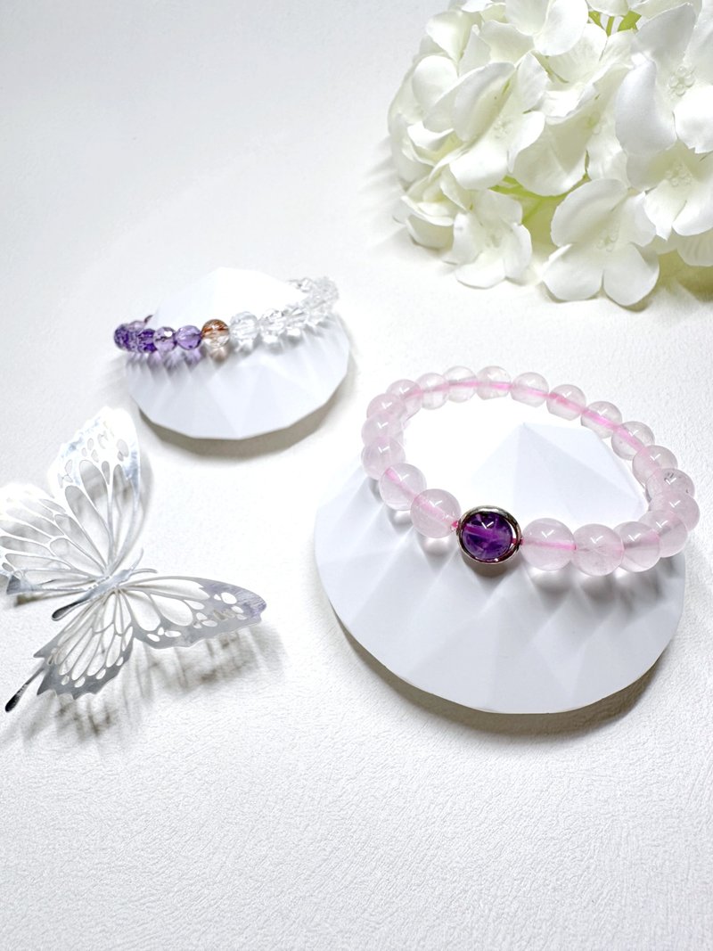 粉晶 Rose Quartz + 紫水晶 Amethyst 銀扣手鏈 - 手鍊/手環 - 水晶 