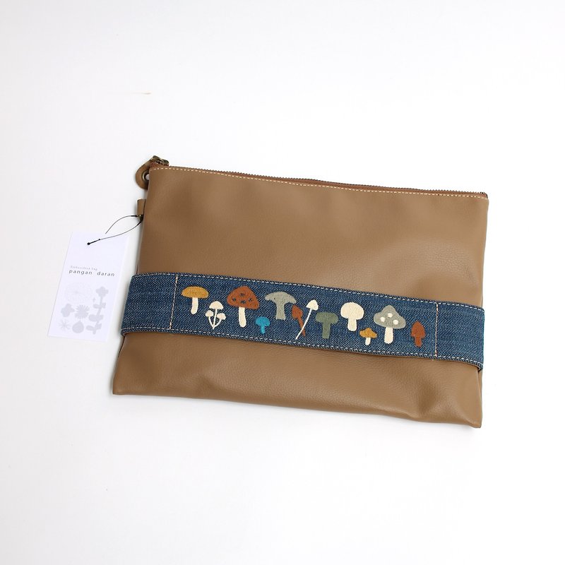 Mushroom Embroidery / Handbag - Laptop Bags - Faux Leather Khaki