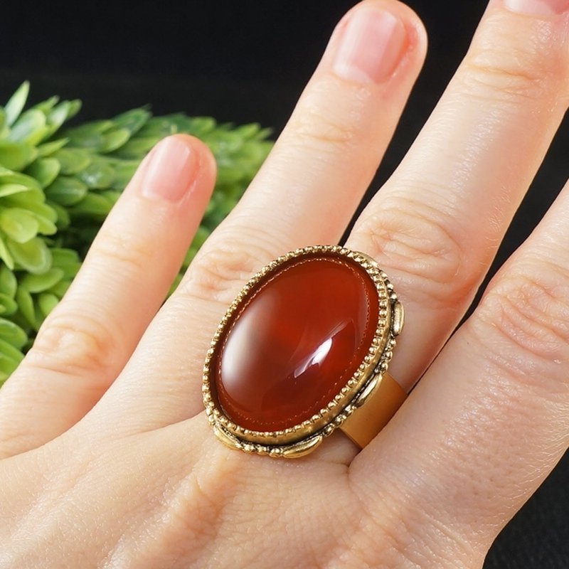 Carnelian Adjustable Ring Gold Fire Red Stone Large Boho Statement Ring Jewelry - 戒指 - 半寶石 紅色