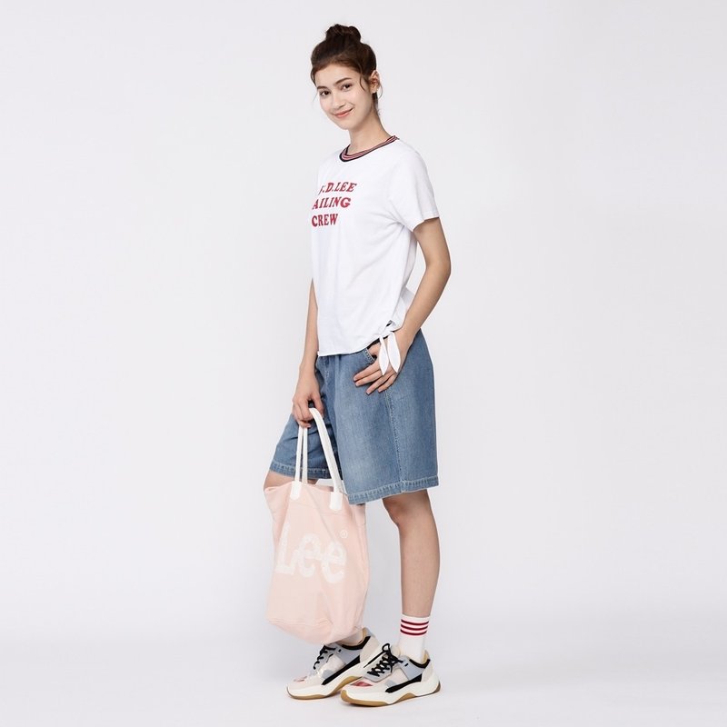 Lee large logo printed side backpack/shoulder bag/handbag apricot pink - Handbags & Totes - Other Materials Pink