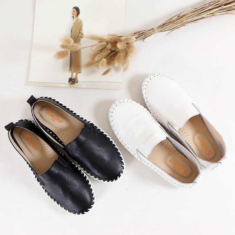 Maffeo White shoes Peas shoes Minimal Printing Wind hand-stitched leather Peas shoes Can be used after the two wear Spring and summer recommended Flat shoes Casual shoes (07A1) - รองเท้าลำลองผู้หญิง - หนังแท้ ขาว
