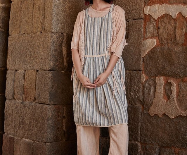 フランスのヴィンテージストライプの草木染めエプロン - ショップ