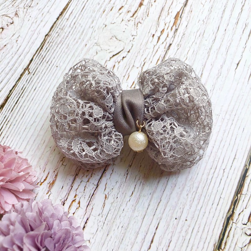 Double-layer lace round bow hairpin or hair ring / fog gray - Hair Accessories - Other Materials Gray