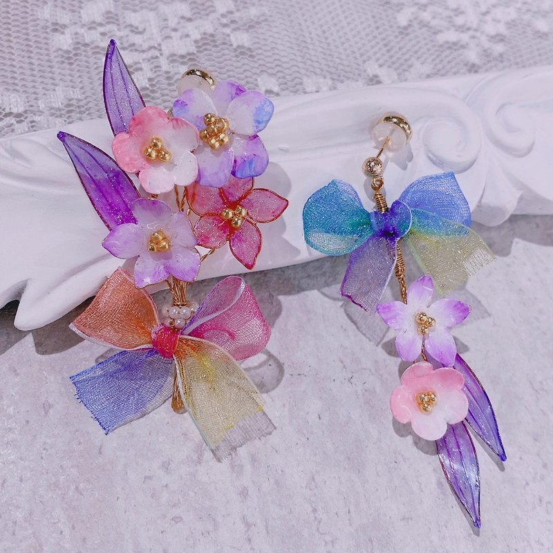 Hand-made dreamy yarn blooming bouquet resin earrings / ear needles / Clip-On - ต่างหู - เรซิน สีม่วง