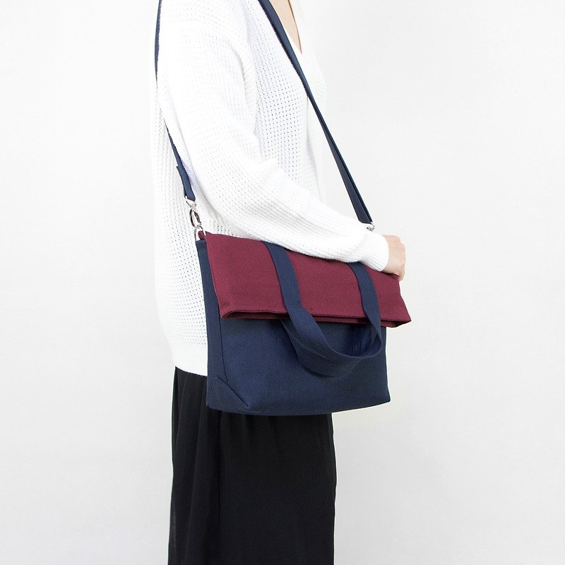 Large Fold-over Messenger Bag in Canvas/Unisex/Up to A4/Available in 4 colors - Messenger Bags & Sling Bags - Cotton & Hemp Blue