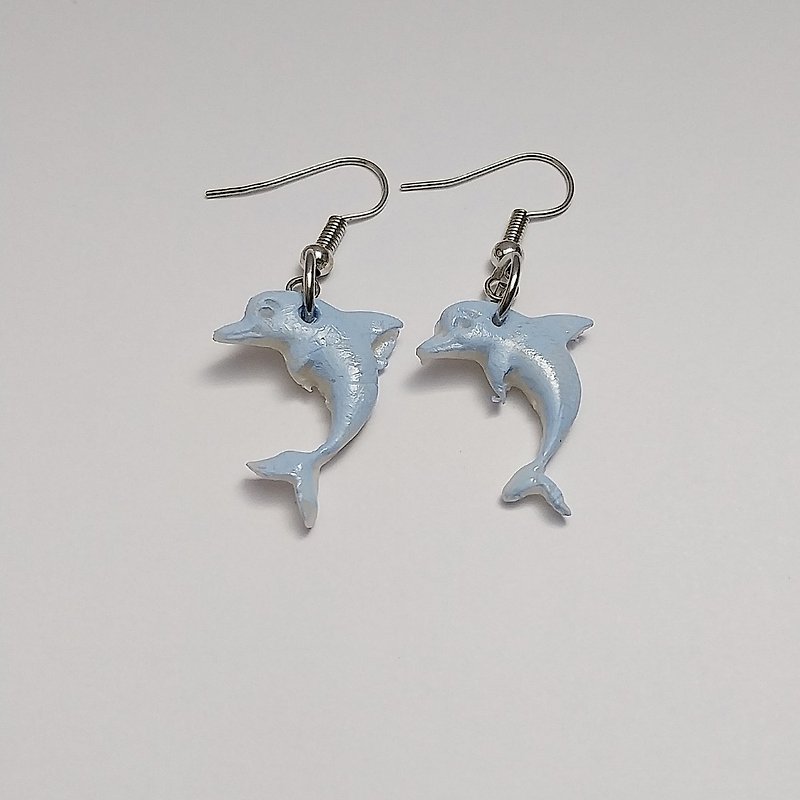Dolphin Blue Color Earring Handmade Air Dry Clay Eco Friendly Stainless Hook - 耳環/耳夾 - 黏土 藍色