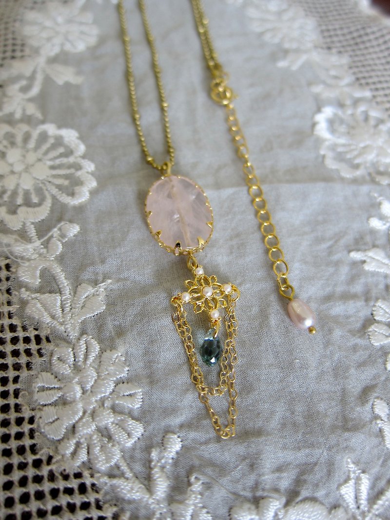 Minertés+ Elegant and Romantic Rose Quartz, Pearl, Bronze Necklace+ - Necklaces - Crystal Pink