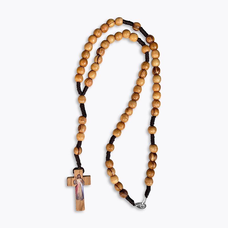 rosary necklace 7MM olive wood beads Sacred Heart of Jesus Prayer rosary - สร้อยคอ - ไม้ สีนำ้ตาล