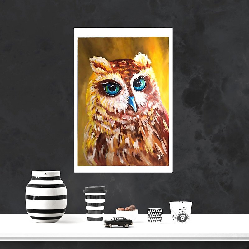 Owl Oil Painting Original Bird Hand Painted Animal Wall Decor Owlet Art, 掛畫 - โปสเตอร์ - วัสดุอีโค หลากหลายสี