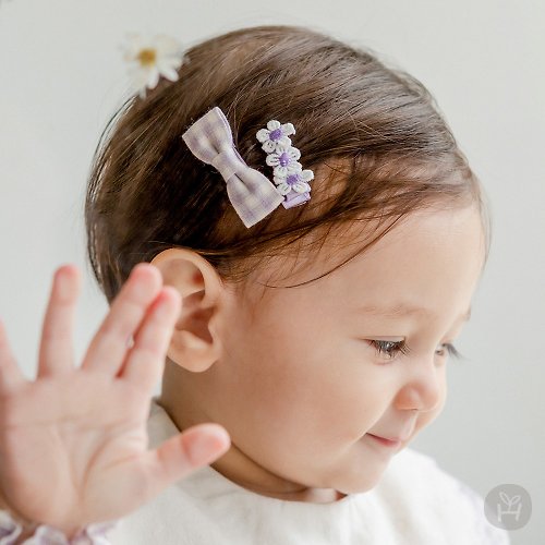 日安朵朵 Happy Prince 韓國製 Belin粉紫格紋小花女嬰兒童髮夾3件組