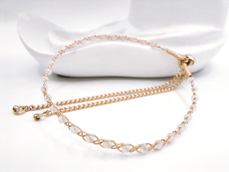 Braided | Moonstone, Gold Color, Wire Braid, Adjustable Bracelet - สร้อยข้อมือ - คริสตัล ขาว