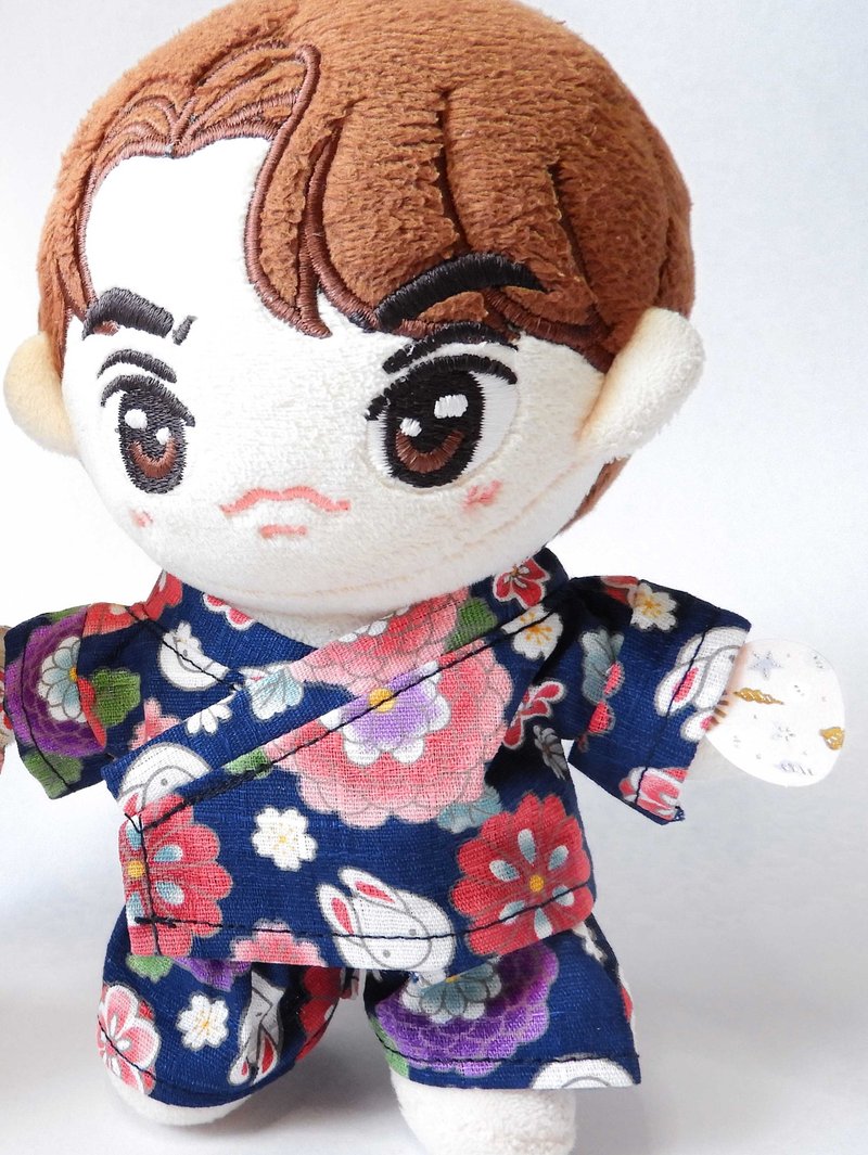 Plush Toy 15cm Doll Clothes-Navy Bunny Yukata (2 pieces) - Stuffed Dolls & Figurines - Cotton & Hemp Blue