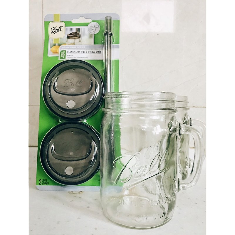 Ball Mason Jar Mason jar set _24oz wide mouth mug*2+ wide mouth straw cup set*1 - Mugs - Glass Transparent