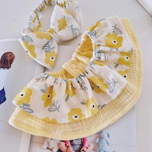 梨安舞兜小裁縫 手作彌月禮盒 黃綠日本大和花卉 彌月禮盒 荷葉圍兜+寶寶髮帶 嬰兒禮 滿月禮