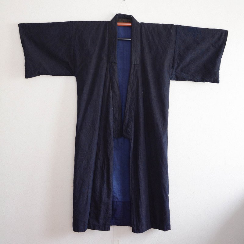 Indigo Kimono Robe Long Cotton Japanese Fabric Vintage Crazy Pattern Free Shippi - Women's Blazers & Trench Coats - Cotton & Hemp Blue