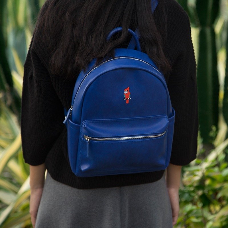 YIZISTORE Bird.pu Leather Embroidered Backpack Backpack - Blue Parrot - กระเป๋าเป้สะพายหลัง - หนังแท้ สีน้ำเงิน