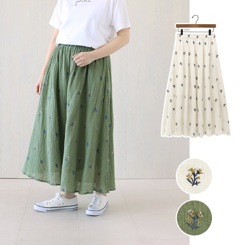 【預訂】印度製 花朵刺繡半截長裙 - 裙子/長裙 - 棉．麻 綠色