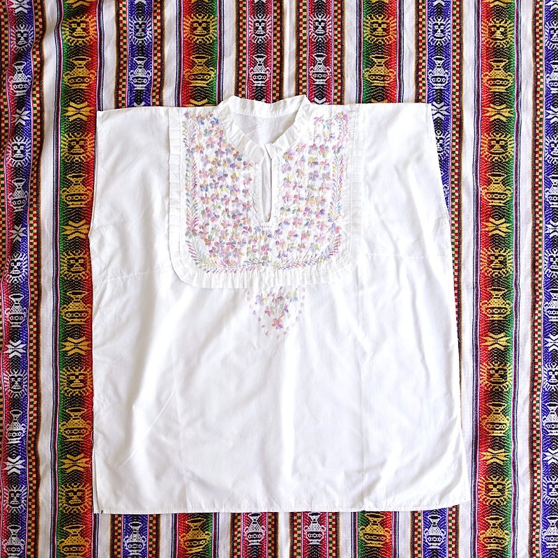 BajuTua /ヴィンテージ/メキシコ勾配ピンクの花の手刺繍襟のシャツ - トップス - コットン・麻 ホワイト