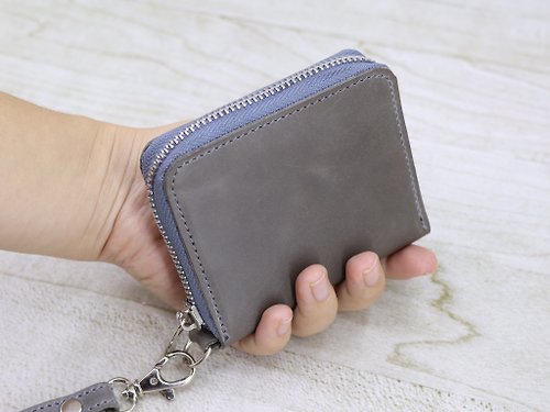 DOMINIC Women's Leather Mini Zip Wallet with Wrist Strap / Handmade Short Clip