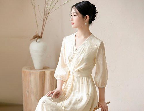 初蟬 新中式 中國風改良交領收腰仙氣設計感連衣裙洋裝