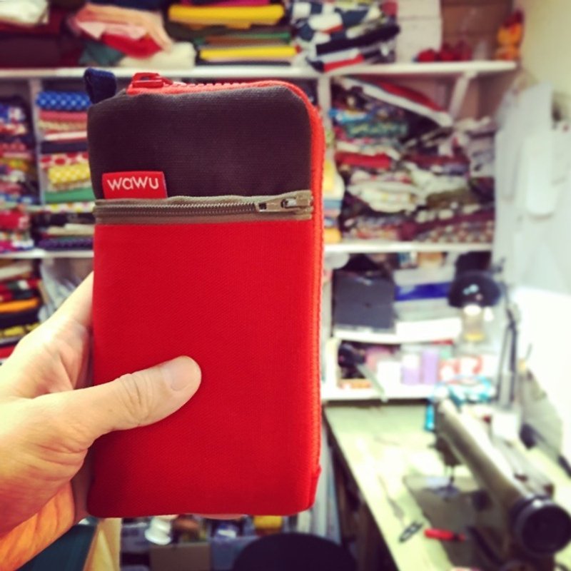 Mobile phone pocket (coffee & red fabric) - Other - Cotton & Hemp Red