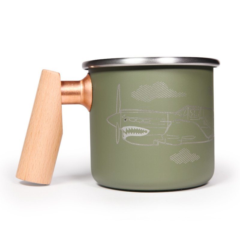 【客製化禮物】木柄 白鐵杯 400ml (飛虎隊)  聖誕節 - 咖啡杯 - 不鏽鋼 綠色