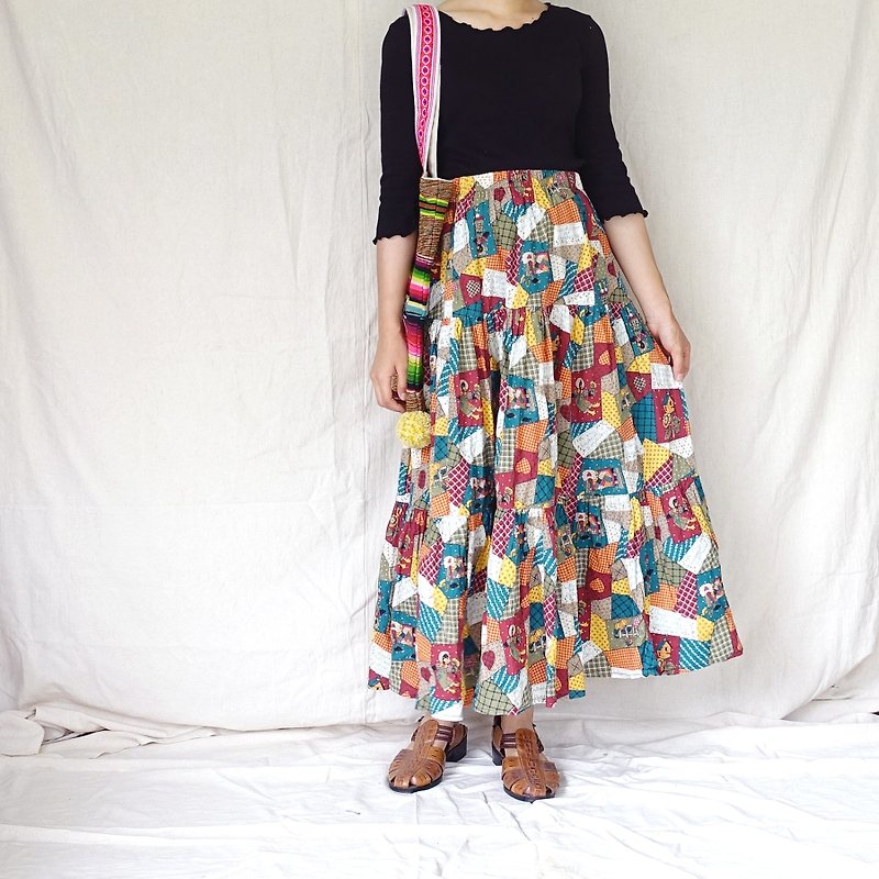 BajuTua / vintage / American village patchwork totem big round dress - กระโปรง - ผ้าฝ้าย/ผ้าลินิน สีส้ม