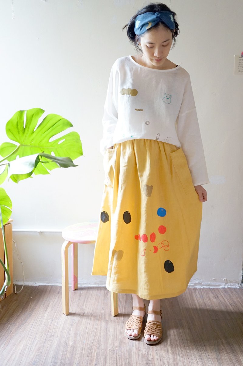 手作りのプリント快適な黄色いリネン手作りのシルクプリントの惑星、子猫、子犬、ムーンポケットスカート - スカート - コットン・麻 イエロー