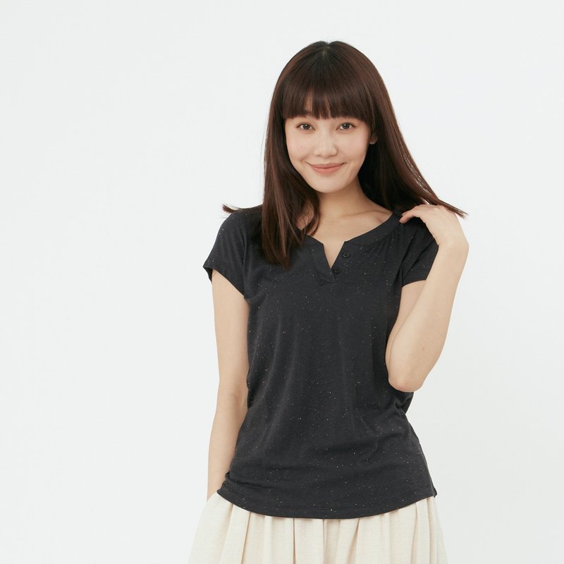 星彩棉小開襟雙扣T恤上衣黑 - 女 T 恤 - 棉．麻 黑色