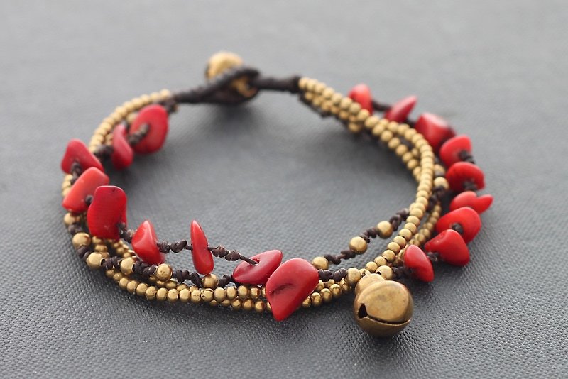珊瑚黃銅鏈手鍊層編織浪漫吉普賽波希米亞 - 手鍊/手鐲 - 紙 紅色