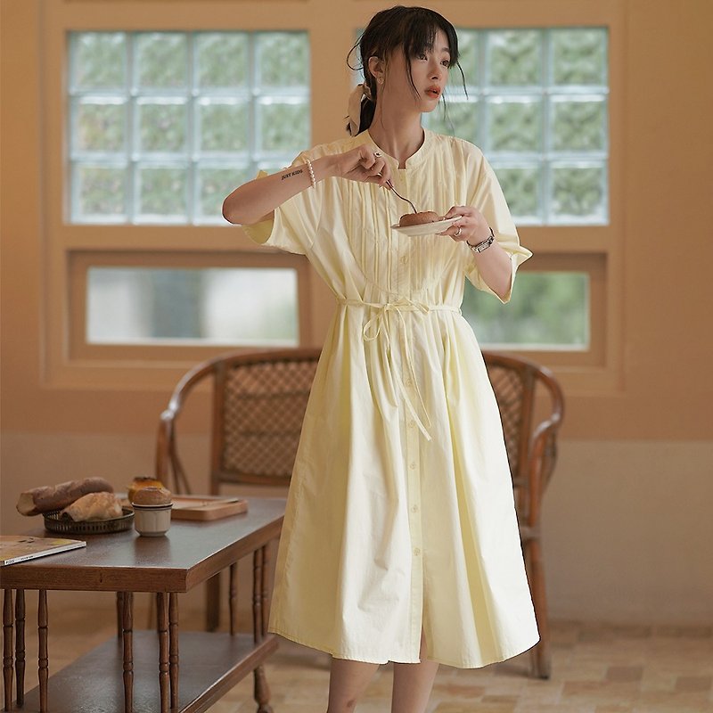Shirt Lace-Up Dress|Fashion|Summer|Two Tones|Sora-947 - One Piece Dresses - Cotton & Hemp Multicolor