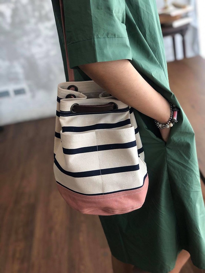 Mini Pink Stripe Canvas Bucket Bag with strap /Leather Handles /Daily use - Handbags & Totes - Cotton & Hemp Blue