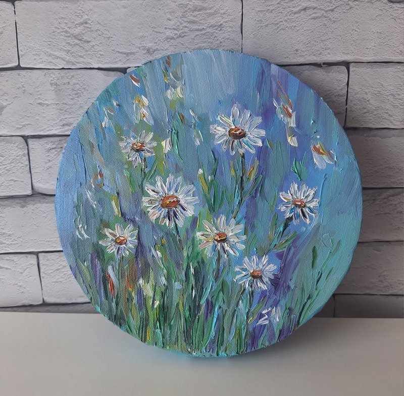 Daisy oil painting on canvas Flowers painting 油畫 - 海報/掛畫/掛布 - 棉．麻 藍色