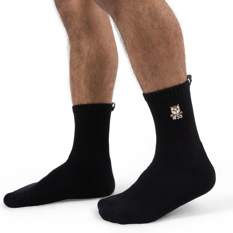 【森林動物系列】石虎刺繡機能抑菌彈性中長襪 - 襪子 - 其他材質 黑色