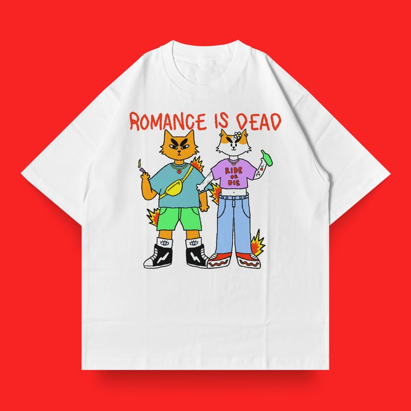 Romance is Dead Funny Cat Illustration Oversized T-Shirt - Women's T-Shirts - Other Materials White