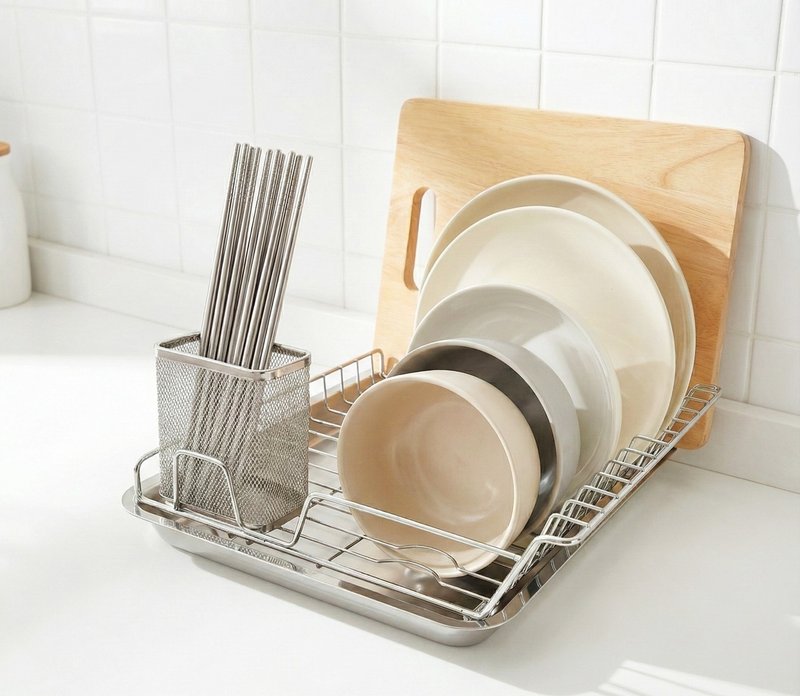 Stainless Steel Multi-functional Dish Rack with Chopstick Holder, Entirely Made of 304 Stainless Steel - เครื่องครัว - โลหะ สีเงิน